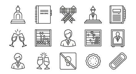 Simple linear icons: business essentials and celebrations with abacus, notebooks, and toasting glasses