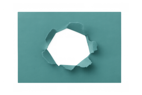 Teal paper torn creating a rough hole, revealing a transparent background and breakthrough concept