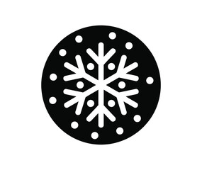 Illustration of a white snowflake surrounded by dots inside a black circle