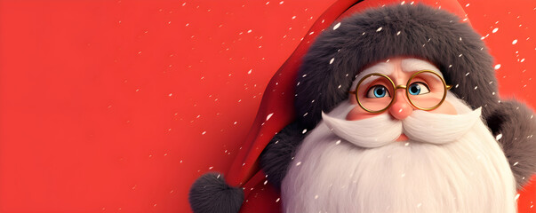 Cute cartoon Santa Claus peeking from the side on a red background. 3D rendered Christmas character with glasses and beard. Winter holiday banner with copy space for text