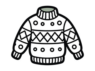 Illustration of a white sweater with black outline and geometric patterns design