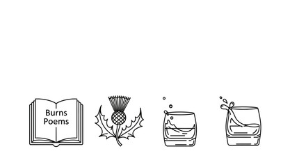 Scottish heritage icons: book, thistle, whisky in minimalist style