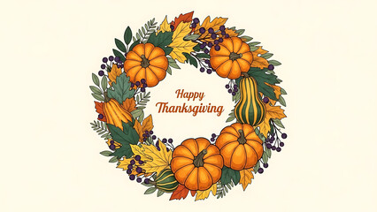 Vibrant autumn harvest wreath illustration featuring pumpkins, gourds, colorful leaves, and berries, perfect for Thanksgiving celebrations and seasonal decor