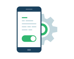 A smartphone screen shows settings with a toggle switch and a gear icon.