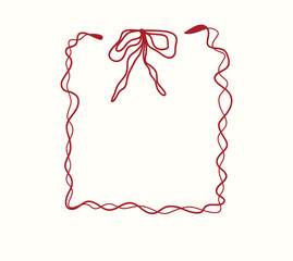 A charming handdrawn red ribbon frame with a delicate bow at the top, perfect for festive designs and invitations, isolated on
