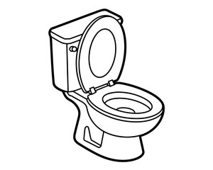 An illustrated, open toilet with a lid and seat is depicted in a simple line drawing.
