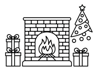 Outline drawing of christmas fireplace with gifts and christmas tree decoration