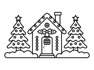 A christmas house with christmas trees and decorations in a line art style