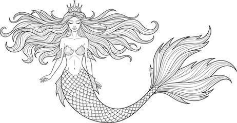 Detailed Elegant Mermaid Princess Line Art Drawing with Long Flowing Hair and Crown, Beautiful Mythical Sea Siren Queen Black and White Vector Illustration, Tattoo Design Coloring Page