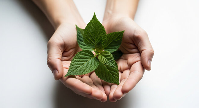 Hands holding a small green plant, a symbol of growth and sustainability isolated on white