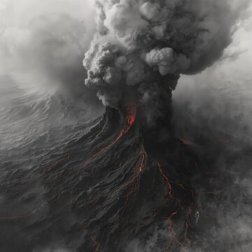 Watercolor Planetary Landscape of Ash Mountains Rising From a Sea of Black Volcanic Mist