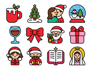Collection of christmas themed icons including santa couple and christmas tree