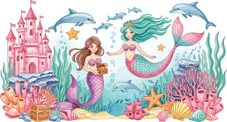 Cute Underwater Mermaid Princesses Cartoon Illustration with Pink Castle, Friendly Dolphins, Treasure Chests, and Colorful Coral Reef Scene, Children's Fantasy Vector Art