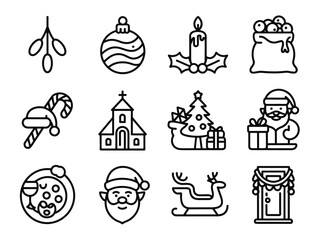 Collection of christmas icons including santa claus and christmas tree in black outline