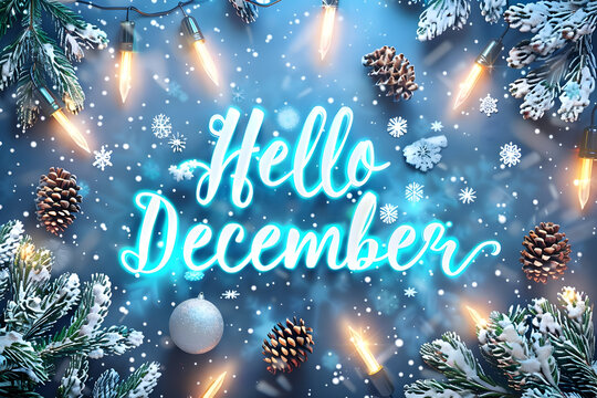 Festive december greeting with glowing typography and winter decorations