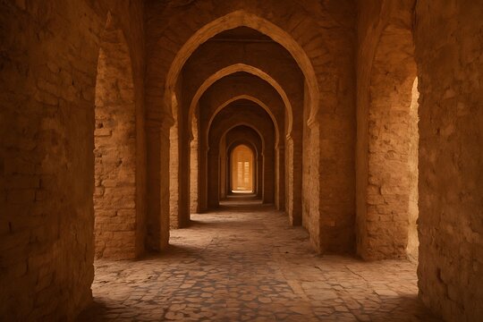 Long corridor with repeated arches in historic building