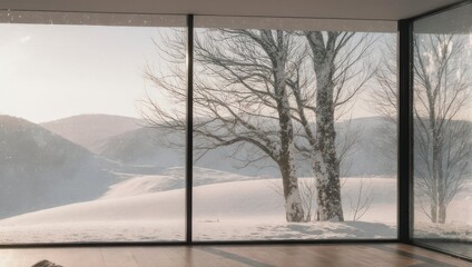 Winter landscape view through large window with trees and snow.