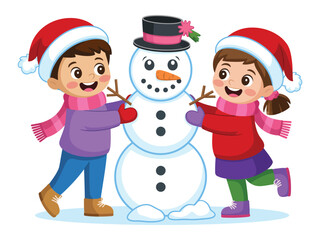 Two children happily building a snowman with a hat and carrot nose in winter scene