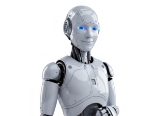 Realistic humanoid robot with glowing blue eyes isolated on transparent background