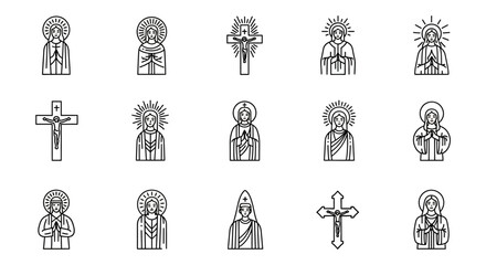 Linear icons of jesus christ and cross symbols with religious themes