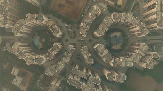 Aerial view of residential apartment complex, India.