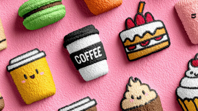 A collection of cute food items with a coffee cup and a cake