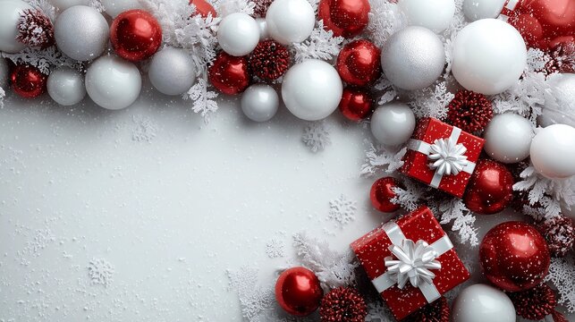 Festive Christmas and Valentine's Day Border with Red Ornaments, White Snowflakes, and Gifts