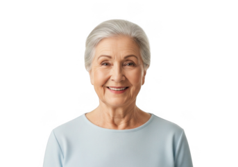 Smiling elderly woman with short gray hair wearing a light blue shirt isolated on transparent background