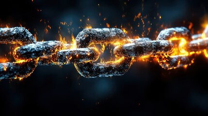 A close-up of a metal chain engulfed in flames against a dark background, representing blockchain vulnerabilities and the security of data
