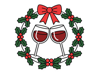 Illustration of two wine glasses clinking inside a christmas holly wreath with a bow