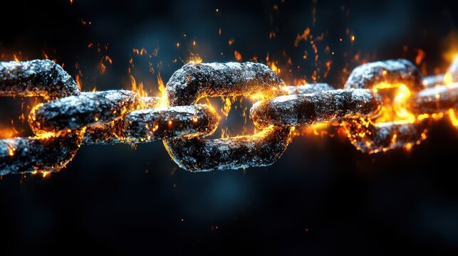 A close-up of a metal chain engulfed in flames against a dark background, representing blockchain vulnerabilities and the security of data