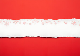 Red background with clean white torn paper stripe exactly across the center.On the white stripe, subtle trasparent snowflakes with low opacity, delicate and soft, blending into the paper texture. The 