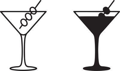 Martini Glass Icons Outline and Filled Silhouette with Olives cocktail drink on transparent background