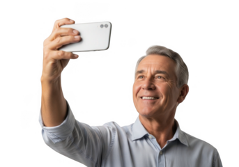 Smiling older man taking a selfie with his smartphone isolated on transparent background