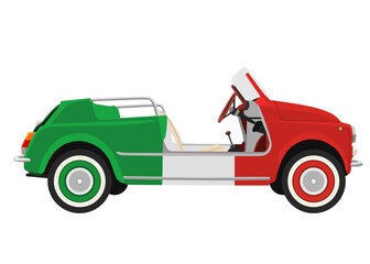 A side view illustration of a classic, small convertible car, painted in the distinct colors of the Italian flag