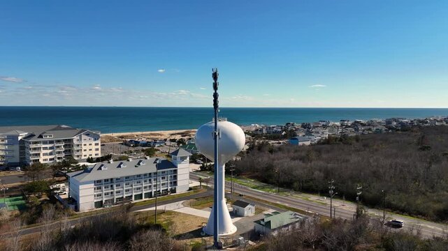 Cinematic Aerial Orbit on Water Tower and Communications Mast in Sandbridge, Virginia Beach