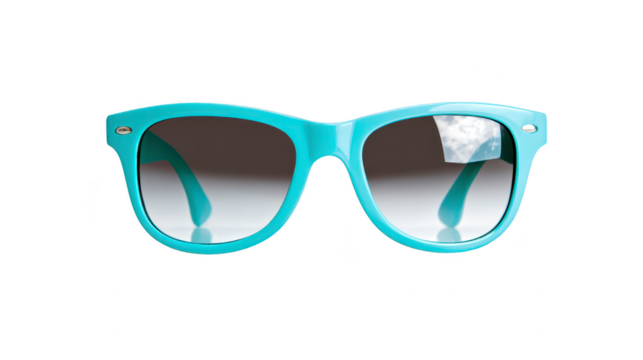 Blue sunglasses with glossy plastic frame and dark gradient lenses, reflecting sky, isolated on transparent background, evoke stylish and relaxed summer vibe