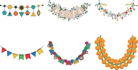 Collection of festive garlands and decorative buntings isolated on transparent background, perfect for celebrations and events