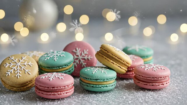 Festive macarons with snowflake designs and glowing holiday lights