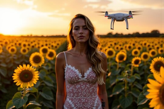 A woman in a stunning dress stands in a sunflower field at sunset, as a small drone captures the magical moment from above.