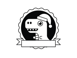 Cartoon dinosaur wearing santa hat in black and white circle with ribbon banner