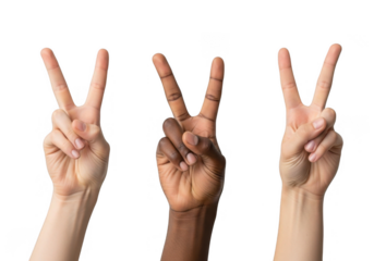 Three diverse hands making the peace victory sign isolated on transparent background