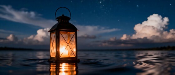 Floating Lantern on Water at Night