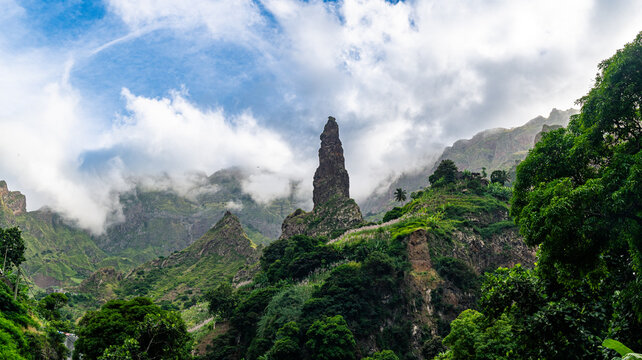 Majestic Volcanic Spire Rising Above the Misty Xoxo Valley – Cape Verde - Powered by Adobe