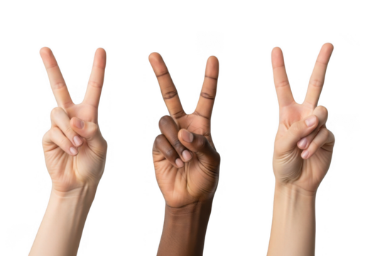 Three diverse hands making the peace victory sign isolated on transparent background