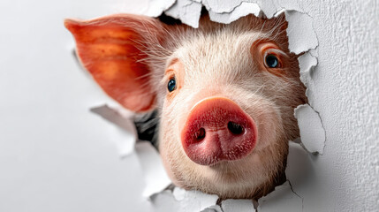 A pig's face is shown through a hole in a wall