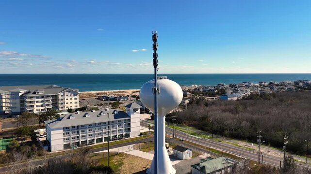 Cinematic Aerial Orbit on Water Tower and Communications Mast in Sandbridge, Virginia Beach