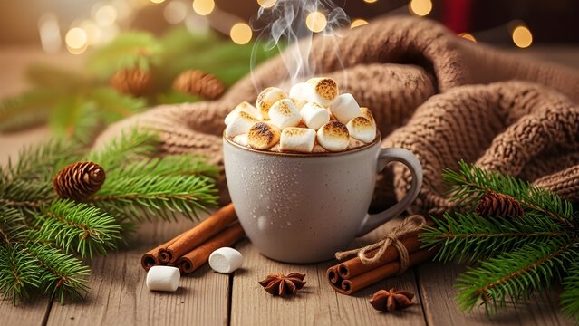 Cozy winter hot chocolate with marshmallows and cinnamon