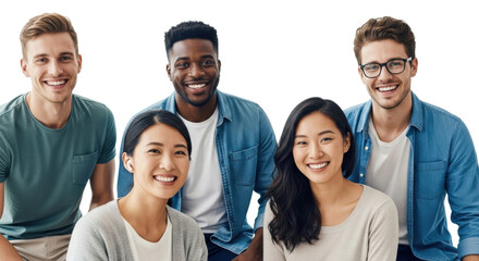 Four diverse young adults (male/female, various ethnicities) in smart casual attire, smiling warmly at camera in a bright high-key studio. Concept of cultural diversity and collaboration