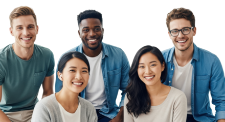 Four diverse young adults (male/female, various ethnicities) in smart casual attire, smiling warmly at camera in a bright high-key studio. Concept of cultural diversity and collaboration